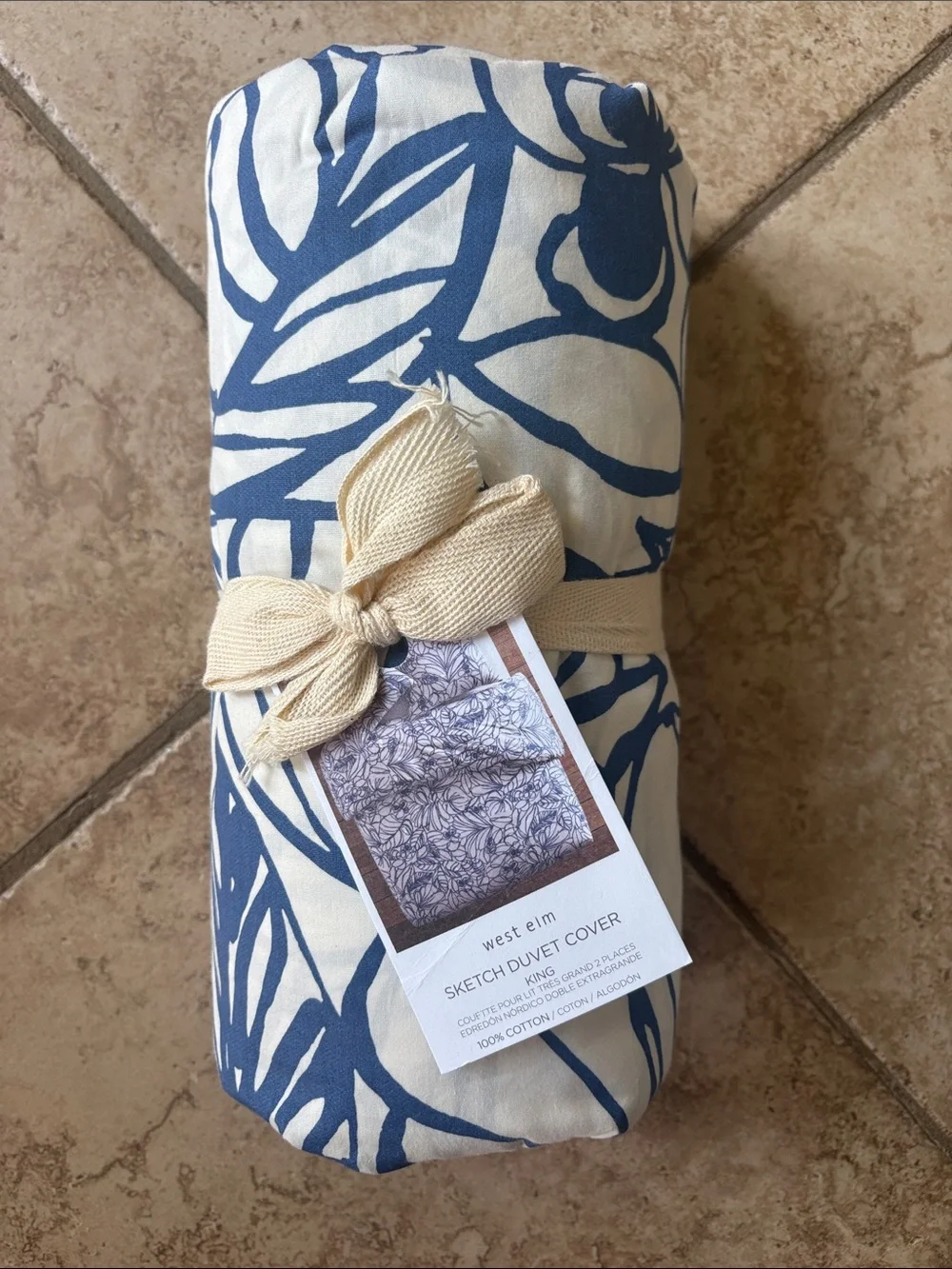 West Elm Floral Sketch Duvet Cover - Blue and Cream